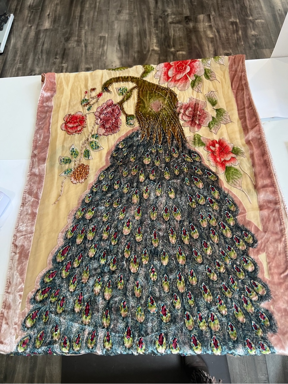 Embroidered Peacock Velvet Scarf in Pink and Multicolor